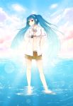  bikini blue_hair cozyquilt feet_in_water green_eyes hatsune_miku headset heterochromia highres long_hair navel open_clothes open_shirt red_eyes skirt soaking_feet solo swimsuit twintails vocaloid wading water 