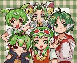  bell blush commentary dejiko di_gi_charat fl-chan fl_studio green_eyes green_hair gumi hair_bell hair_ornament headphones highres kamuta0 multi_(to_heart) multiple_girls pointing pointing_at_self robot_ears to_heart_(series) vocaloid voicevox zundamon 