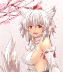  animal_ears bare_shoulders breasts bust detached_sleeves hasu_(hk_works) hat inubashiri_momiji no_bra open_mouth red_eyes short_hair side sideboob solo tail tokin_hat touhou white_hair wolf_ears wolf_tail 