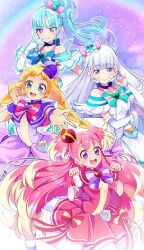  4girls :d absurdres aqua_bow aqua_bowtie aqua_hair aqua_hat arched_crown blonde_hair blue_bow blue_bowtie blue_choker blue_crown blue_eyes blunt_bangs bow bowtie braid brooch capelet choker closed_mouth commentary crown cure_friendy cure_lillian cure_nyammy cure_wonderful dress dress_bow earrings elbow_gloves flat_cap gloves hair_bow hairband half_gloves hand_in_own_hair hat heart heart_brooch highres inukai_iroha inukai_komugi jewelry looking_at_viewer medium_dress mini_crown mini_hat mini_top_hat mitsuki_tayura multicolored_hair multiple_girls nekoyashiki_mayu nekoyashiki_yuki off-shoulder_dress off_shoulder open_mouth pact_holder paw_pose pink_hair pointed_crown precure puffy_short_sleeves puffy_sleeves purple_background purple_bow purple_bowtie purple_capelet purple_hairband purple_hat reaching reaching_towards_viewer red_bow red_bowtie red_capelet red_crown red_dress short_sleeves side_ponytail smile standing straight_hair tilted_headwear top_hat twin_braids two-tone_hair two_side_up violet_eyes white_dress white_gloves white_hair wonderful_precure! wrist_cuffs yellow_hairband 