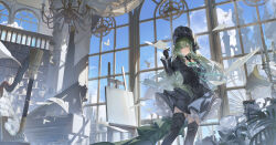  1girl absurdres arknights bang_dream! bang_dream!_it's_mygo!!!!! bird black_bonnet black_dress black_gloves black_thighhighs blue_sky bonnet bookshelf chinese_commentary clouds commentary_request dress easel falling_feathers feathers feet_out_of_frame fern floating_paper flower gloves gothic_lolita grand_piano green_hair hair_ornament hand_up harp highres indoors instrument juliet_sleeves lolita_fashion long_hair long_sleeves looking_at_viewer no_animal_ears paper parted_lips phonograph piano plant puffy_sleeves sidelocks sky solo standing teeth thigh-highs very_long_hair wakaba_mutsumi wakaba_mutsumi_(marionette's_id) white_bird white_flower window x_hair_ornament yellow_eyes yuki_sweet_tea 