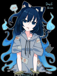  1girl animal aomurasaki_r black_background black_cat blue_bow blue_eyes blue_hair bow cat character_name commentary drooling grey_hoodie hair_bow highres hitodama hood hood_down hoodie long_hair looking_at_viewer open_mouth short_sleeves solo speech_bubble thought_bubble touhou twitter_username very_long_hair yorigami_shion 
