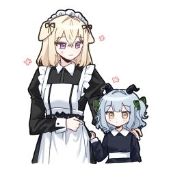  2girls aged_down apron arknights at_09098 bang_dream! bang_dream!_it's_mygo!!!!! black_dress blonde_hair blue_dress blue_hair closed_mouth commentary dress hair_between_eyes highres juliet_sleeves long_sleeves maid maid_apron maid_headdress medium_hair misumi_uika misumi_uika_(caged_singer) multiple_girls puffy_sleeves simple_background time_paradox togawa_sakiko togawa_sakiko_(master_of_melodia) untranslatable_commentary violet_eyes white_apron white_background yellow_eyes 