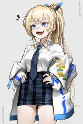  1girl :3 absurdres alternate_costume alternate_hairstyle bandaid bandaid_on_cheek bandaid_on_face blonde_hair blue_eyes bucho_sama goddess_of_victory:_nikke hands_on_own_hips highres jacket laplace_(nikke) medium_sidelocks necktie open_clothes open_jacket open_mouth ponytail school_uniform shirt skirt smile solo standing teeth thighs upper_teeth_only white_shirt 