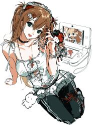  1girl breasts character_charm charm_(object) choker collarbone commentary_request green_eyes hair_ornament hairclip handheld_game_console headband highres long_hair nail_polish neon_genesis_evangelion nintendo_3ds open_mouth orange_hair pants shoes shuishuisama souryuu_asuka_langley sweatpants tank_top 