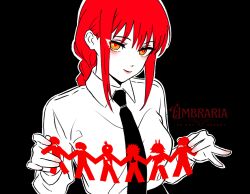  1girl artist_name black_necktie braid braided_ponytail breasts chainsaw_man commentary denji_(chainsaw_man) english_commentary hayakawa_aki highres makima_(chainsaw_man) medium_breasts necktie orange_eyes papercraft power_(chainsaw_man) red_hair ringed_eyes sidelocks single_braid smile solo umbra_(edits_umbra) upper_body watermark 