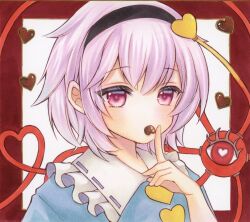  1girl black_hairband blue_shirt buttons candy chocolate collared_shirt commentary eyeball food frilled_shirt_collar frills hair_ornament hairband heart heart-shaped_chocolate heart-shaped_food heart_button heart_hair_ornament heart_of_string highres komeiji_satori looking_at_viewer medium_hair pink_eyes pink_hair ribbon-trimmed_collar ribbon_trim shirt solo third_eye touhou traditional_media untranslatable_commentary yuuki_hana_(jtnp5334) 