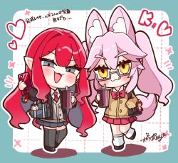  0kami_89zo 2girls absurdres animal_ears baobhan_sith_(fate) beni-enma blush cernunnos_(fate) character_charm charm_(object) commentary_request cup fate/grand_order fate_(series) fox_ears fox_tail full_body grey_eyes highres holding holding_cup koyanskaya_(fate) long_hair multiple_girls open_mouth phone pink_hair pointy_ears red_hair school_uniform sidelocks smug tail yellow_eyes 
