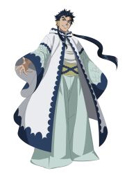  1boy absurdres baggy_pants black_clover black_clover_m:_rise_of_the_wizard_king blue_eyes blue_hair full_body grey_pants grin highres incredibly_absurdres kiato_(black_clover) long_hair looking_at_viewer non-web_source official_art open_clothes open_robe pants ponytail robe shirt simple_background smile solo transparent_background white_robe white_shirt 