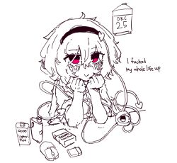  1girl blush buttons calendar_(object) cigarette_pack closed_mouth computer_mouse english_text eyeball greyscale hair_ornament hairband heart heart_button heart_hair_ornament highres komeiji_satori lighter medium_hair monochrome rampa93 shirt smile solo spot_color third_eye touhou 