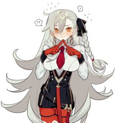  1girl ahoge asymmetrical_bangs blush braid breasts commentary_request cowboy_shot earrings fate/grand_order fate_(series) gloves grey_hair hair_between_eyes hair_ribbon high-waist_skirt highres jewelry large_breasts long_hair long_sleeves looking_at_viewer microbe_volvox necktie olga_marie_animusphere olga_marie_animusphere_(unbeast) orange_eyes orange_gloves orange_pantyhose pantyhose pencil_skirt red_necktie ribbon shirt skirt smile solo white_hair white_shirt 