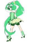  amezawa_koma arm_up bike_shorts cure_march dress green green_dress green_eyes green_hair long_hair looking_back magical_girl midorikawa_nao ponytail precure shoes shorts_under_skirt skirt smile smile_precure! solo tri_tails very_long_hair white_background wrist_cuffs 