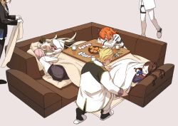 2boys 5girls ahoge black_bow black_jacket black_pants black_skirt black_slippers black_socks blanket blonde_hair blue_bow blue_bowtie blue_skirt bow bowtie braid brown_background brown_hair brown_shirt chaldea_uniform closed_eyes commentary_request covering_with_blanket decoponmagi fate/grand_order fate_(series) fujimaru_ritsuka_(female) goredolf_musik hair_between_eyes hair_bow holding holding_blanket holding_hands jacket kadoc_zemlupus kotatsu leonardo_da_vinci_(fate) leonardo_da_vinci_(rider)_(fate) leonardo_da_vinci_(rider)_(first_ascension)_(fate) long_hair long_sleeves lying mash_kyrielight mash_kyrielight_(chaldea_uniform) medium_hair multiple_boys multiple_girls necktie novum_chaldea olga_marie_animusphere olga_marie_animusphere_(unbeast) on_back on_side one_side_up ophelia_phamrsolone orange_hair out_of_frame pants puff_and_slash_sleeves puffy_sleeves purple_hair red_necktie shirt short_hair simple_background sitting skirt sleeping slippers socks squatting standing table thigh_strap under_kotatsu under_table walking white_hair white_jacket white_pants white_shirt white_slippers 