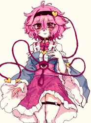  1girl adapted_costume black_choker black_hairband blue_shirt bow bowtie choker collared_shirt detached_sleeves eyeball floral_print frilled_shirt_collar frilled_skirt frilled_sleeves frills hair_ornament hairband heart heart-shaped_pupils heart_hair_ornament highres komeiji_satori long_sleeves pink_bow pink_bowtie pink_eyes pink_hair pink_skirt print_skirt rampa93 rose_print shirt short_hair simple_background skirt sleeveless sleeveless_shirt solo symbol-shaped_pupils thigh-highs thigh_strap third_eye touhou white_thighhighs wide_sleeves yellow_background 