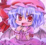  acrylic_paint_(medium) arms_up bat_wings blue_hair blush chibi colored_pencil_(medium) fang hat hat_ribbon noai_nioshi open_mouth red_eyes remilia_scarlet ribbon shirt short_hair skirt skirt_set smile solo touhou traditional_media wings wrist_cuffs wrist_ribbon 