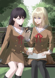  2girls absurdres artist_request bang_dream! bang_dream!_it's_mygo!!!!! bench black_hair black_pantyhose black_socks brown_dress cellphone chinese_commentary closed_mouth commentary_request dress hair_between_eyes hanasakigawa_school_uniform highres holding holding_phone kneehighs long_hair long_sleeves medium_hair misumi_uika mole mole_under_eye multiple_girls neck_ribbon notebook open_mouth pantyhose phone pleated_dress red_ribbon ribbon sailor_collar sailor_dress school_uniform second-party_source shiina_taki sitting smartphone socks violet_eyes white_sailor_collar 