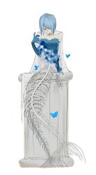  1girl absurdres blue_gloves blue_hair blue_shirt bug butterfly cape chinese_commentary closed_eyes commentary_request fish_skeleton full_body gloves haimian_zhuang_wushui highres magical_girl mahou_shoujo_madoka_magica mahou_shoujo_madoka_magica_(anime) mermaid miki_sayaka miki_sayaka_(magical_girl) monster_girl shirt short_hair simple_background skeleton solo strapless strapless_shirt white_background white_cape 