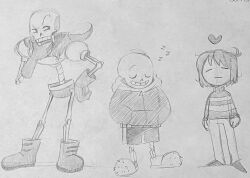  1other 2025 2boys 2d ambiguous_gender armor arms_at_sides black_shorts boots brothers cape child commentary english_commentary frisk_(undertale) full_body gloves graphite_(medium) hand_on_own_hip hands_in_pockets height_difference highres hood hood_down hooded_jacket human humanoid jacket long_sleeves male monochrome monster monster_boy multiple_boys pants papyrus_(undertale) photo_(medium) sans_(undertale) short_hair shorts siblings side-by-side simple_background single_vertical_stripe skeleton slippers standing striped_shorts sweater teeth traditional_media trio undead undertale utdr_(toby_fox) vertical-striped_clothes vertical-striped_shorts white_background white_stripes ziivual 