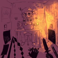  5girls alternate_costume alternate_headwear baseball_cap bat_wings braid chair collared_shirt computer contemporary crystal_wings electric_fan five_nights_at_freddy's flandre_scarlet flashlight gohei hakurei_reimu hat hat_ornament highres holding holding_flashlight holding_knife hong_meiling izayoi_sakuya katana kirisame_marisa knife kochiya_sanae laptop long_hair mini-hakkero monochrome multiple_girls necktie on_chair pants parody rampa93 red_theme remilia_scarlet shirt shoes sitting solo_focus spot_color star_(symbol) star_hat_ornament sweatdrop swivel_chair sword table touhou twin_braids weapon wings 