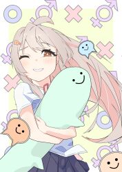  1girl ;) absurdres ahoge bare_arms black_skirt brown_eyes commentary grin hair_ornament hairclip highres hugging_object light_blush long_hair looking_at_viewer male-female_symbol one_eye_closed onii-chan_wa_oshimai! oyama_mahiro pink_hair pleated_skirt shirt short_sleeves skirt smile solo stuffed_toy upper_body white_shirt yellow_bear2 