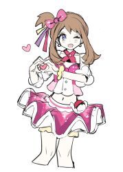  1girl blue_eyes bow brown_hair eyelashes hair_bow heart heart_hands idol looking_at_viewer may_(contest)_(pokemon) may_(pokemon) midriff one_eye_closed open_mouth overskirt pink_bow pink_skirt poke_ball pokemon pokemon_oras shocho_(shaojiujiu) shorts shorts_under_skirt simple_background skirt smile solo waist_poke_ball white_background yellow_shorts 