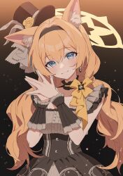  1girl :3 absurdres animal_ear_fluff animal_ears black_hairband black_hat black_overskirt black_wrist_cuffs blue_archive blue_eyes blush cat_ears choker closed_mouth commentary dress earrings flower fluffy_hair frilled_choker frills grey_dress grey_feathers hairband halo hands_up hat hat_flower highres idol idol_clothes jewelry long_hair looking_at_viewer low_twintails mari_(blue_archive) mari_(idol)_(blue_archive) mini_hat mini_top_hat official_alternate_costume orange_hair own_hands_together rose smile solo steepled_fingers top_hat twintails upper_body wrist_cuffs yellow_flower yellow_halo yellow_rose yeon2ry 