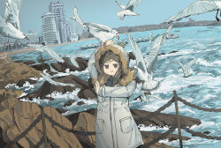  1girl :d absurdres animal_on_head arm_up bird bird_on_head black_sweater blush brown_eyes brown_hair brown_trim building chain-link_fence city cliff clouds cloudy_sky coat commentary cowboy_shot crinoids day dot_nose empty_eyes fence fur-trimmed_coat fur_trim highres layered_clothes light_blush light_smile looking_at_viewer ocean on_head open_hands original parted_bangs pocket rock scenery seagull short_hair sidelocks sky smile solo standing sweater too_many too_many_birds watch water waves white_bird white_coat 
