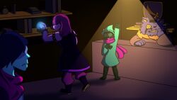  1boy 1girl 2019 2d 2others ambiguous_gender animal_ears anthro armlet armor armored_boots barefoot black_armlet black_boots black_fur black_jacket blue_hair blue_skin body_fur bodysuit book boots cat cat_ears colored_sclera colored_skin colored_teeth commentary counter dark dark_room deltarune digital_media droopy_ears elbow_rest english_commentary fangs female floppy_ears full_body furry furry_male gallifreyanpal gauntlets glasses goat goat_boy green_hat green_robe hair_over_eyes hat horns human jacket kris_(dark_world)_(deltarune) kris_(deltarune) lizard lizard_girl long_hair long_sleeves male monster monster_girl multiple_others orb pants pink_hair pink_scarf pink_skin purple_fur purple_pants ralsei ralsei_(hat) reptile reptile_girl robe round_eyewear scalie scarf sharp_teeth shelf shop short_hair sleeveless sleeveless_jacket slit_pupils spiked_armlet spotlight standing susie_(dark_world)_(deltarune) susie_(deltarune) teeth utdr_(toby_fox) wizard_hat yellow_sclera yellow_teeth 