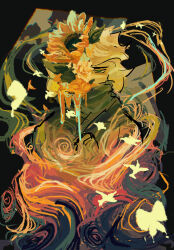  1boy abstract animification anonymity0429 bird blonde_hair bug butterfly commentary dougi dripping english_commentary flower green_dougi green_eyes half-closed_eyes highres lloyd_garmadon looking_at_viewer male_focus ninjago one_eye_covered short_hair solo sunflower upper_body yellow_flower yellow_theme 