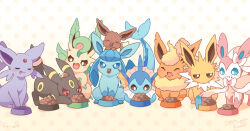  :3 :d :p ^_^ animal_focus artist_name blue_eyes blue_fur bowl bright_pupils brown_eyes brown_fur cetacean_tail closed_eyes closed_mouth colored_sclera commentary_request crumbs eating eevee espeon evolutionary_line fins fish_tail flareon food food_theft forehead_jewel forked_tail gem glaceon highres jolteon leafeon mugita_konomi neck_fur no_humans open_mouth orange_fur pet_bowl pet_food pokemon pokemon_(creature) pokemon_focus polka_dot polka_dot_background purple_fur red_eyes red_gem red_sclera smile sylveon tail tongue tongue_out umbreon vaporeon white_pupils yellow_background yellow_fur 