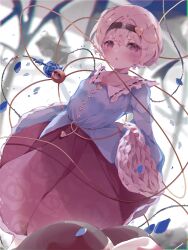  :o absurdres bad_link blue_shirt buttons collared_shirt feet_out_of_frame hair_ornament heart heart_button heart_hair_ornament highres komeiji_satori long_sleeves open_mouth pink_eyes pink_hair pink_skirt ribbon-trimmed_collar ribbon_trim shirt skirt third_eye touhou 