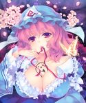  1girl artist_request between_breasts breasts butterfly cherry_blossoms cleavage frills ghost hat large_breasts mouth_hold petals pink_eyes pink_hair ribbon saigyouji_yuyuko shinia short_hair solo touhou triangular_headpiece 
