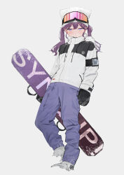  1girl absurdres armband black_coat black_mittens blue_eyes blush closed_mouth coat commentary_request drawstring full_body gakuen_idolmaster goggles goggles_on_head hat highres holding_snowboard hood hood_down hooded_coat idolmaster kaya_rinha long_hair looking_at_viewer mittens multicolored_coat o_(oooooo04291) outdoors pants purple_hair purple_pants shoes sidelocks ski_goggles small_sweatdrop snow snowboard solo standing two-tone_coat white_coat white_hat white_shoes winter_clothes 
