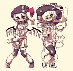  2girls alternate_costume alternate_headwear black_hat blush breasts commentary contemporary crystal crystal_wings english_commentary eyeball fang flandre_scarlet green_eyes hat hat_ornament heart heart_hat_ornament heart_of_string highres holding_radio jacket komeiji_koishi long_hair long_sleeves looking_at_viewer monochrome multiple_girls one_eye_closed open_mouth pointy_ears radio rampa93 red_eyes shoes shorts skin_fang skirt small_breasts smile thigh-highs third_eye touhou wings yellow_theme 