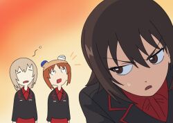  3girls angry animal_ears bear_ears boko_(girls_und_panzer) brown_eyes brown_hair commentary_request fake_animal_ears girls_und_panzer gradient_background grey_hair gundam gundam_gquuuuuux highres itsumi_erika jacket kuromorimine_military_uniform looking_at_another looking_back looking_up military military_jacket miniskirt mito_(mitotank) multiple_girls nishizumi_maho nishizumi_miho open_mouth pleated_skirt red_shirt scene_reference shirt skirt sleeping upper_body 