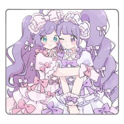  2girls blunt_bangs blush_stickers border bow cha_(ntrikti) dress dress_bow drill_hair frilled_bow frills grey_border hair_bow highres hug idol idol_clothes long_hair looking_at_another manaka_laala manaka_non multiple_girls no_pupils one_eye_closed pink_bow pink_wrist_cuffs pretty_series pripara puffy_short_sleeves puffy_sleeves purple_bow purple_hair short_sleeves siblings side_ponytail sisters smile standing v_arms very_long_hair violet_eyes wavy_hair wavy_sidelocks white_background white_dress wrist_bow wrist_cuffs 