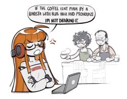 1girl 2boys ahoge amamiya_ren anger_vein antenna_hair apron bare_shoulders bijouoffline black-framed_eyewear black_gloves black_hair blunt_bangs bra_strap brown_hair closed_eyes closed_mouth commentary computer cup english_text fingerless_gloves frown glasses gloves green_apron hair_between_eyes headphones laptop long_hair long_sleeves meme multiple_boys off-shoulder_shirt off_shoulder open_mouth persona persona_5 persona_5_the_royal plate rectangular_eyewear sad sakura_futaba sakura_soujirou semi-rimless_eyewear shirt short_hair simple_background speech_bubble teacup under-rim_eyewear white_background white_shirt