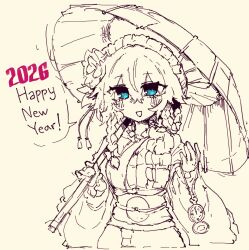  1girl 2026 alternate_costume blue_eyes blush breasts coin coin_on_string commentary english_commentary english_text flower hair_flower hair_ornament happy_new_year highres holding holding_pocket_watch holding_umbrella izayoi_sakuya japanese_clothes kimono long_hair long_sleeves looking_at_viewer maid_headdress medium_breasts monochrome obi obidome obijime open_mouth pocket_watch rampa93 sash sketch smile solo speech_bubble touhou umbrella watch wide_sleeves yellow_theme 