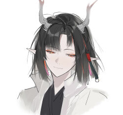  1girl arknights black_hair blunt_ends bob_cut chinese_commentary closed_mouth commentary_request cropped_shoulders curtained_hair dragon_girl dragon_horns earrings eastern_dragon_horns eyeliner facing_viewer grey_horns hair_tubes highres horns jewelry jie_(arknights) joshua_(shisanli934) light_smile looking_down looking_to_the_side makeup multicolored_hair narrowed_eyes o-ring orange_eyes pointy_ears popped_collar red_eyeliner red_pupils red_streaks short_hair side_part simple_background single_hair_tube solo streaked_hair two-tone_hair white_background 