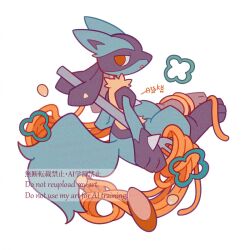  1other auko black_hair food food_focus fork furry highres looking_back lucario open_mouth other_focus pasta pokemon pokemon_(creature) pokemon_focus red_eyes simple_background solo spaghetti tail white_background 