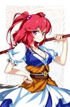  blush breasts cleavage hair_bobbles hair_ornament hand_on_hip hips hong_(white_spider) large_breasts onozuka_komachi polearm red_eyes red_hair redhead scythe short_hair smile solo touhou twintails weapon 
