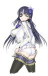  ass black_hair black_legwear boots breasts eyepatch green_eyes highres impossible_clothes large_breasts long_hair nagisa_(psp2i) nakaba_reimei panties phantasy_star phantasy_star_portable_2_infinity skirt skirt_lift solo thigh-highs thigh_boots thighhighs underwear uniform white_background white_panties 