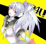 android headdress kanten_(kanten328) labrys lavender_hair long_hair looking_at_viewer open_mouth persona persona_4 persona_4:_the_ultimate_in_mayonaka_arena ponytail red_eyes school_uniform solo 