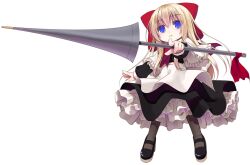  1girl apron black_dress black_shoes blonde_hair blue_eyes capelet closed_mouth commentary_request crote doll dress full_body grey_socks hair_ribbon holding holding_polearm holding_weapon large_variant_set long_sidelocks long_sleeves neck_ribbon polearm puffy_long_sleeves puffy_sleeves red_ribbon ribbon shanghai_doll shoes sidelocks simple_background socks solo tachi-e touhou transparent_background variant_set weapon white_apron white_capelet 