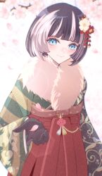  1girl absurdres black_gloves black_hair black_kimono blue_eyes blunt_bangs bob_cut cherry_blossoms closed_mouth falling_petals flower fur-trimmed_kimono fur_trim gloves green_kimono grey_streaks hair_flower hair_ornament hakama highres hololive hololive_dev_is japanese_clothes juufuutei_raden juufuutei_raden_(new_year) kanzashi kentotto kimono long_sleeves looking_at_viewer multicolored_hair multicolored_kimono obi official_alternate_costume official_alternate_hair_length official_alternate_hairstyle open_hand petals pink_petals red_flower red_hakama sash short_hair smile solo streaked_hair two-tone_hair virtual_youtuber white_flower wide_sleeves yellow_kimono 
