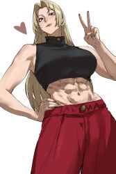  1girl abs absurdres black_shirt blonde_hair breasts brown_eyes chinese_commentary commentary contrapposto crop_top fingernails from_below hand_on_own_hip heart high-waist_pants highres jujutsu_kaisen large_breasts lips long_fingernails long_hair looking_at_viewer muscular muscular_female nail_polish pants parted_bangs red_pants shirt sleeveless sleeveless_shirt sleeveless_turtleneck smile solo striped_clothes striped_shirt taiyang_yu toned toned_female tsukumo_yuki_(jujutsu_kaisen) turtleneck v white_background 