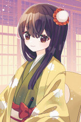  1girl black_hair brown_eyes closed_mouth commentary_request green_kimono hair_ornament haori hieda_no_akyuu highres indoors japanese_clothes katsuragi_atori kimono light_particles long_hair long_sleeves looking_at_viewer obi sash shouji single_sidelock sliding_doors smile solo touhou upper_body yellow_haori 
