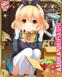  1girl :o black_bow black_jacket black_skirt blonde_hair bow bowtie box breasts brown_eyes card_(medium) cardboard_box character_name clenched_hands girlfriend_(kari) hair_bow jacket knees ladder looking_at_viewer miniskirt official_art orange_bow orange_bowtie qp:flapper school_uniform shirt skirt solo squatting stepladder thigh-highs thighs ukihashi_asuka v-shaped_eyebrows white_shirt white_thighhighs 