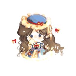  1girl blue_choker blue_dress blue_eyes blue_hat bow brown_hair chibi chinese_commentary choker commentary_request dream_banquet_(infinity_nikki) dress fengmi_youzi_hua frilled_dress frilled_headwear frilled_sleeves frills hand_on_own_cheek hand_on_own_face hat hat_bow highres infinity_nikki layered_dress layered_sleeves light_blush light_particles long_dress long_hair long_sidelocks long_sleeves nikki_(series) official_alternate_color red_bow short_over_long_sleeves short_sleeves sidelocks solid_oval_eyes solo very_long_hair wavy_hair yellow_dress 