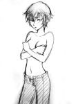  bare_shoulders blush breast_hold breasts covering covering_breasts crossed_arms folded_arms hair_between_eyes modesty monochrome navel no_shirt pants persona persona_4 sakumom shirogane_naoto shirtless short_hair shy solo sweatdrop topless unzipped wavy_hair 